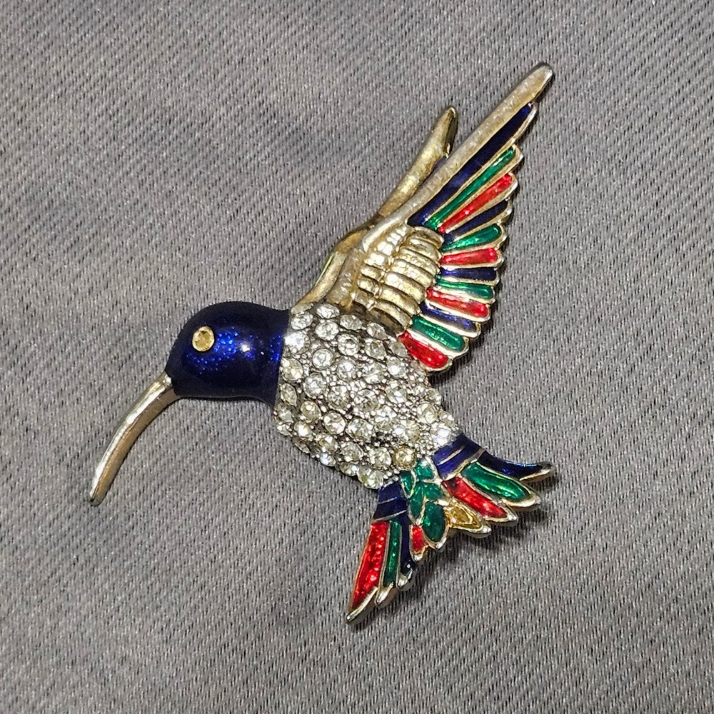Vintage Hummingbird Brooch Pin Multi Color Enamel‎ Rhinestone Gold Tone Bird